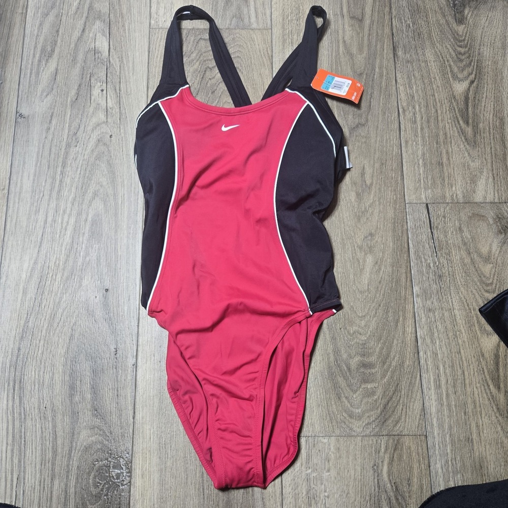 NOS 90s Women's Nike Crossback One Piece Swimsuit SZ 16 Black & Red Bathing Suit